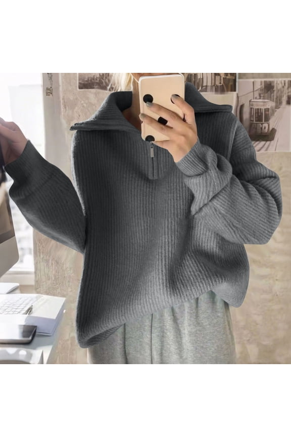 Casual Oversized Zip V-Neck Sweatshirts for Women,Classic Modern Big Collar Knitted Pullover Sweaters, Loose Long Sleeve Fall Tops,Gray,Free Size