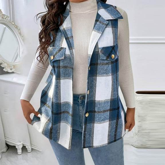 Zedker Casual Plaid Printed Lapel Collar Sleeveless Thermal Jackets for Women,Comfy Oversized Button Fall Coats with Fake Chest Pocket,Blue,XXL