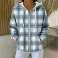 thumbnail image 1 of Zedker Casual Plaid Prints Drawstring Zipper Hooded Jackets Classic Women's Long Sleeve Fall Winter Ribbed Kniited Tops with Pockets,Light Blue,S, 1 of 8