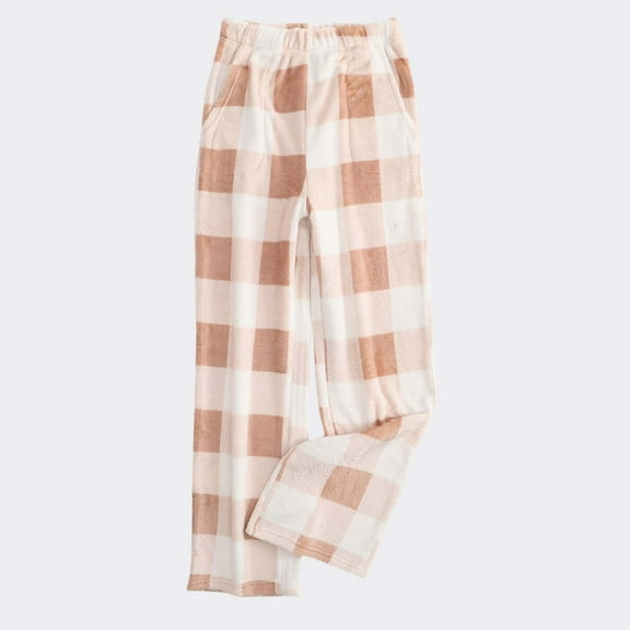 Zedker Casual Plaid Prints High Waist Pants for Women, Comfy Loose Straight-Leg Soft Fleece Thermal Sweatpants for Fall Winter,Khaki,S