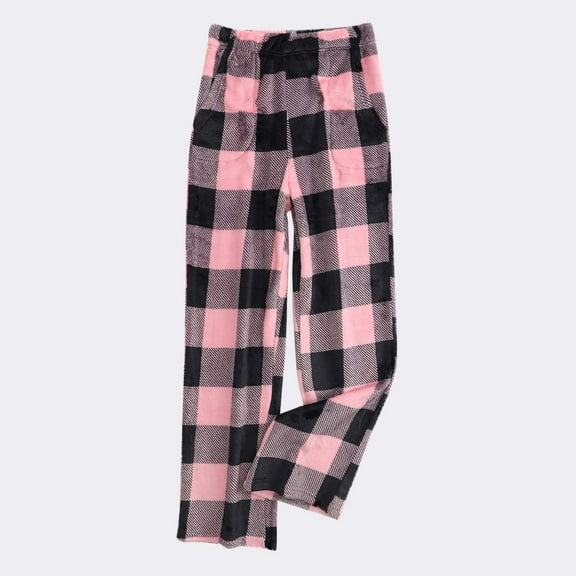 Zedker Casual Plaid Prints High Waist Pants for Women, Comfy Loose Straight-Leg Soft Fleece Thermal Sweatpants for Fall Winter,Pink,S