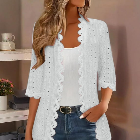 Zedker Casual Shirts For Women Lace 3/4 Sleeve Knitting Cardigan Womens Tops Comfy Lightweight Solid Color Open Front Daily Wear,White,XXL