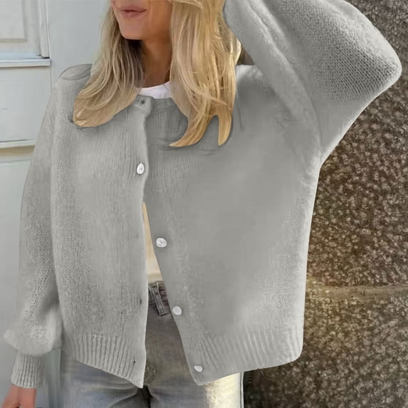 Zedker Women's and Women's Plus Cardigan Knit Sweater Cozy Yarn Welt Pocket Tops, Plus Size Gray M