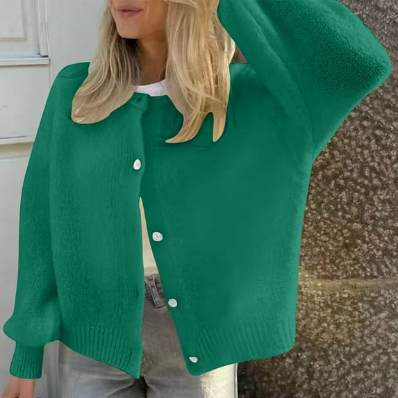 Zedker Casual Solid Color Crewneck Long Sleeve Cardigan Sweaters for Women,Comfy Button Ribbed Elastic Cuffs Knitted Tops for Fall,Green,L