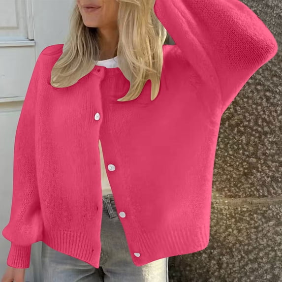 Zedker Casual Solid Color Crewneck Long Sleeve Cardigan Sweaters for Women,Comfy Button Ribbed Elastic Cuffs Knitted Tops for Fall,Hot Pink,M