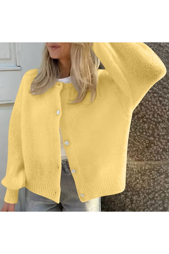 Casual Solid Color Crewneck Long Sleeve Cardigan Sweaters for Women,Comfy Button Ribbed Elastic Cuffs Knitted Tops for Fall,Yellow,M
