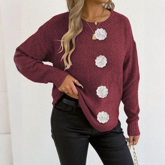 Zedker Casual Solid Color Fashion Three-Dimensional Decoration Crewneck Sweaters for Women, Comfy Loose Pullover Knitted Tops for Fall,Wine,S