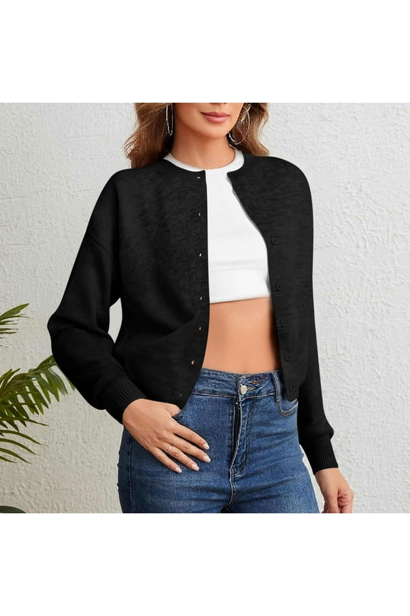Casual Solid Color Knitted Cardigan Sweaters For Women Lightweight Button Up Long Sleeve Round Neck Womens Pullover Tops,Black,L