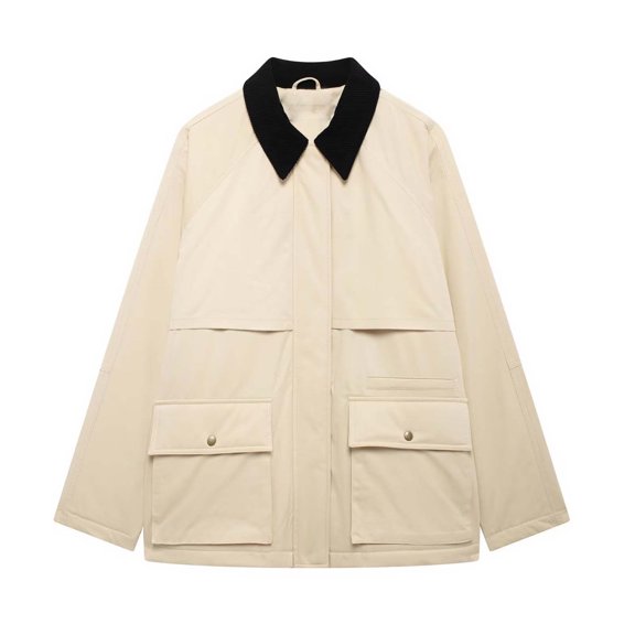 Zedker Casual Solid Color Lapel Collar Long Sleeve Thermal Jackets for Women,Comfortable Loose Full Zipper Winter Coats with Two Pockets,Khaki,S