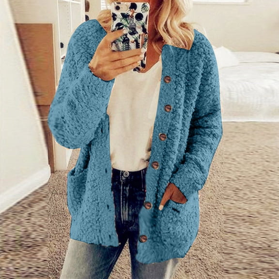 Zedker Casual Solid Color Long Sleeve Cardigan Sweaters for Women, Fall and Winter Comfy Soft Fleece Button Tops with Two Pockets,Sky Blue,L