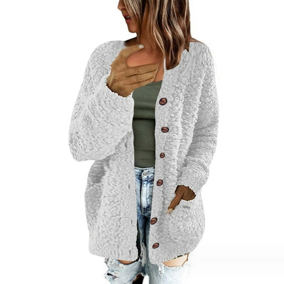 Zedker Casual Solid Color Long Sleeve Cardigan Sweaters for Women, Fall and Winter Comfy Soft Fleece Button Tops with Two Pockets,White,XXL