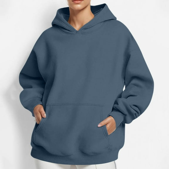 Zedker Casual Solid Color Long Sleeve Cute Kangaroo Pocket Hooded Sweatshirts for Women,Comfy Ribbed Elastic Cuffs Hoodies for Fall and Winter,Navy,XXXL