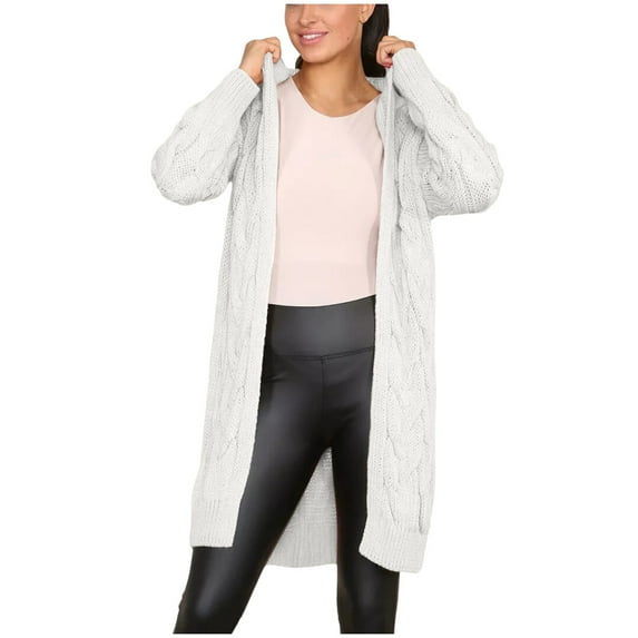 Zedker Casual Solid Color Soft Chunky Cable Knitted Hooded Cardigan Sweaters for Women, Casual Long Sleeve Open Front Fall Coats,White,XXL