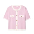 thumbnail image 1 of Zedker Casual Solid Color Women'S Crewneck Short Sleeve Cardigan Knitted Sweaters with Button,Comfy Ribbed Cuffs Tops for Fall,Pink,L, 1 of 7