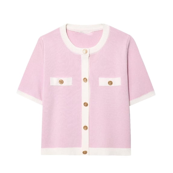 Zedker Casual Solid Color Women'S Crewneck Short Sleeve Cardigan Knitted Sweaters with Button,Comfy Ribbed Cuffs Tops for Fall,Pink,L