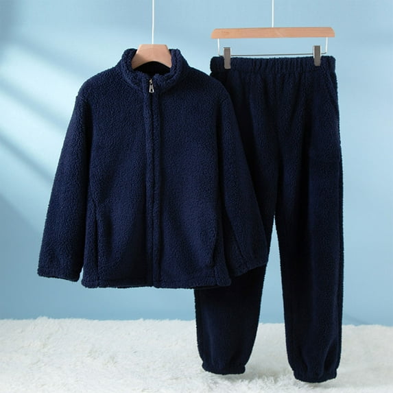 Zedker Casual Stand Collar Long Sleeve Womens Pajamas Set Fall Winter Thermal Loose Fleece Zipper Top and Joggers Pants,Navy,XXL