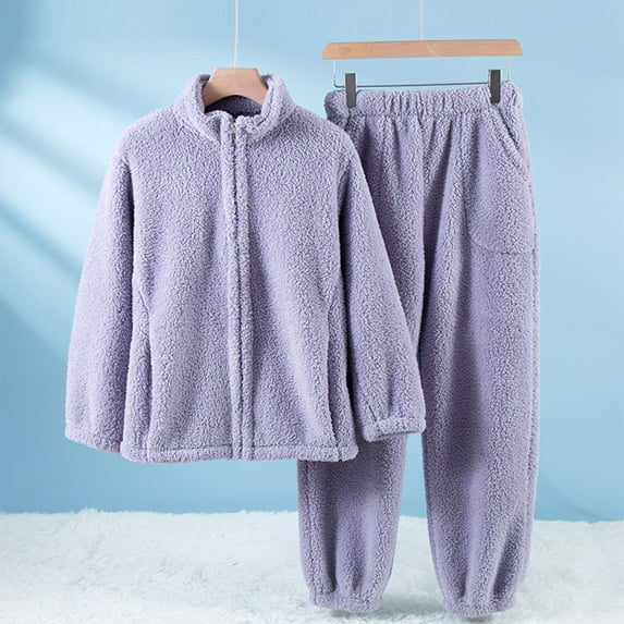 Zedker Casual Stand Collar Long Sleeve Womens Pajamas Set Fall Winter Thermal Loose Fleece Zipper Top and Joggers Pants,Purple,L