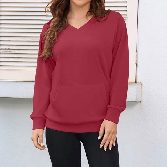 Zedker Casual V-Neck Long Sleeve Sweatshirts for Women Loose Pullover Fall and Winter Thermal Hoodies with Kangaroo Pocket,Red,XXL