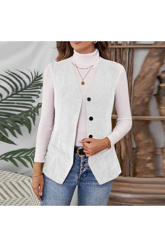 Casual V-Neck Sleeveless Corduroy Womens Vests Outerwear with Pockets, Comfortable Button Fall Winter Jackets,White,S