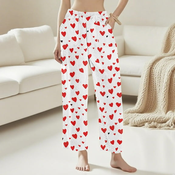 Zedker Casual Women'S Fashion Printed Soft Fleece Straight Leg Sleepwear Pants with Pockets,Comfy Warm Elastic Waistband Trouses,Red,S