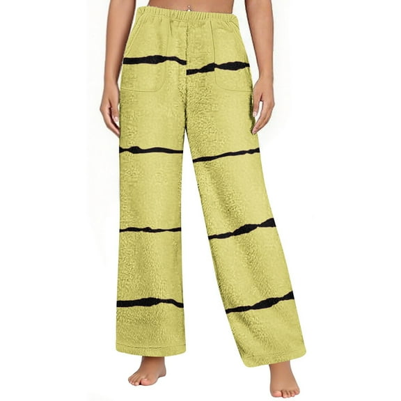 Zedker Casual Women'S Fashion Printed Soft Fleece Straight Leg Sleepwear Pants with Pockets,Comfy Warm Elastic Waistband Trouses,Yellow,XXXL