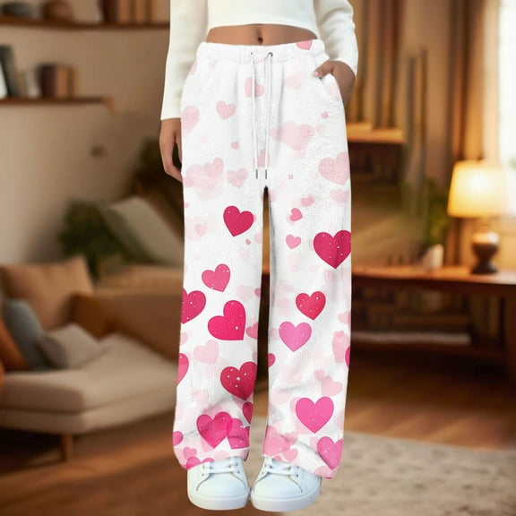 Zedker Casual Women'S Non-Positional Heart-Shaped Printed Sleepwear Pants with Pockets,Comfy Elastic Waistband Straight Leg Trouses with Drawstring Front,Pink,S