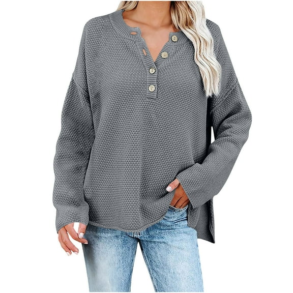 Zedker Casual Women'S Solid Color Button Mock Neck Long Sleeve Pointelle Knitted Sweaters, Comfy Loose Pullover Tops for Fall,Gray,S
