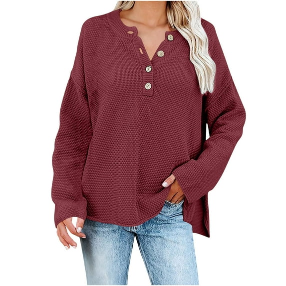 Zedker Casual Women'S Solid Color Button Mock Neck Long Sleeve Pointelle Knitted Sweaters, Comfy Loose Pullover Tops for Fall,Wine,S