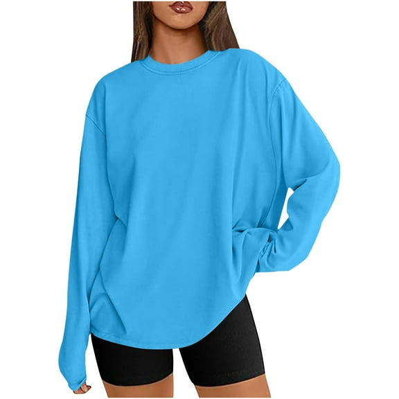 Zedker Casual Women'S Solid Color Long Sleeve Pullover Shirts,Comfy Drop Shoulder Loose Fits Loungewear Blouses for Fall and Winter,Blue,M