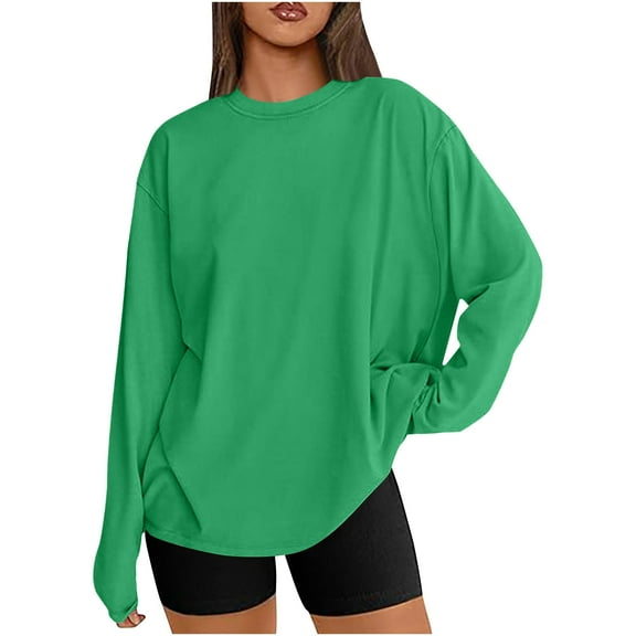 Zedker Casual Women'S Solid Color Long Sleeve Pullover Shirts,Comfy Drop Shoulder Loose Fits Loungewear Blouses for Fall and Winter,Green,XXL