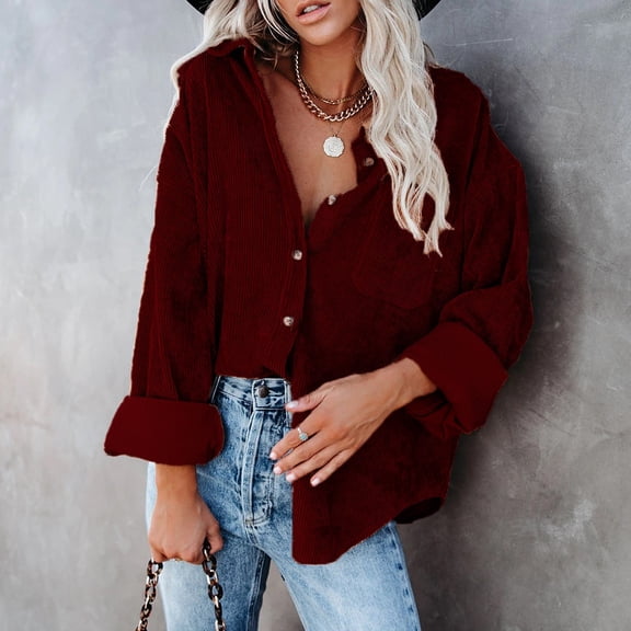 Zedker Casual Women's Corduroy Fashion Pits Striped Lapel Collar Long Sleeve Jackets with Chest Pocket, Comfy Loose Breathable Fall Clothes,Wine,XS
