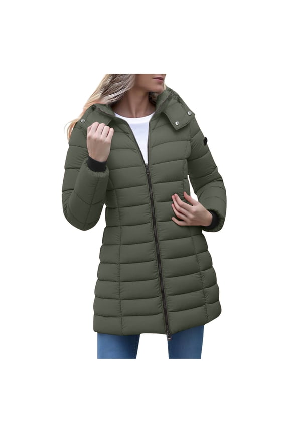 Casual Women's Hooded Long Sleeve Thicken Puffer Jackets with Bidirectional Zipper, Comfy Thermal Winter Tops with Pockets,Army Green,L