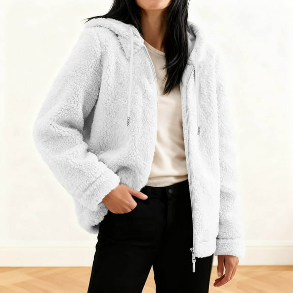 Zedker Casual Women's Hooded Long Sleeve Zipper Pockets Jacket with Hood Cord,Comfy Soft Fleece Thermal Fall and Winter Outerwears,White,S