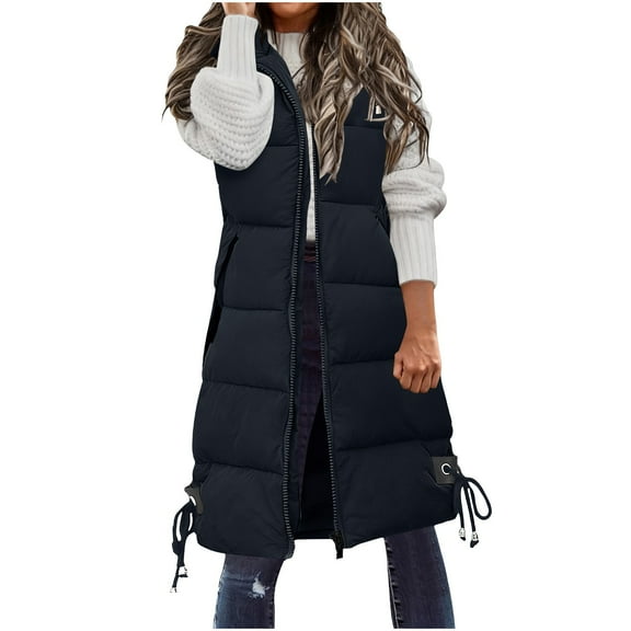Zedker Causal Lapel Collar Hooded Sleeveless Women's Thickened Padded Jackets with Zipper Pockets,Comfy Thermal Zipper Long Coats for Winter,Black,XL