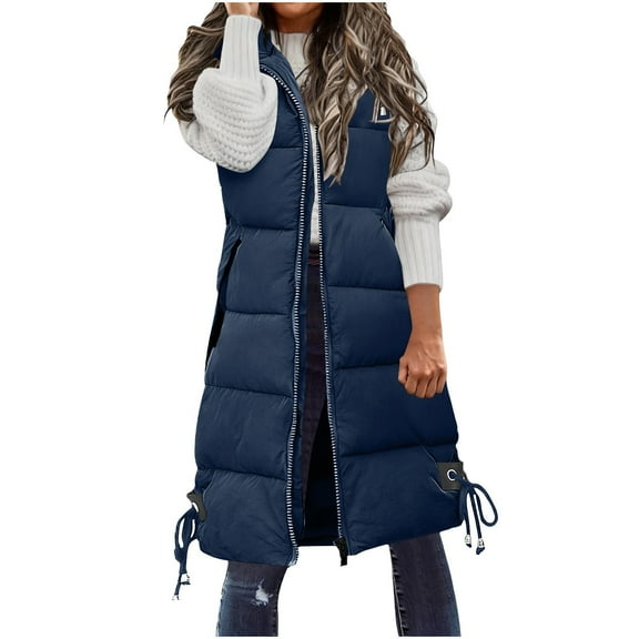 Zedker Causal Lapel Collar Hooded Sleeveless Women's Thickened Padded Jackets with Zipper Pockets,Comfy Thermal Zipper Long Coats for Winter,Navy,S