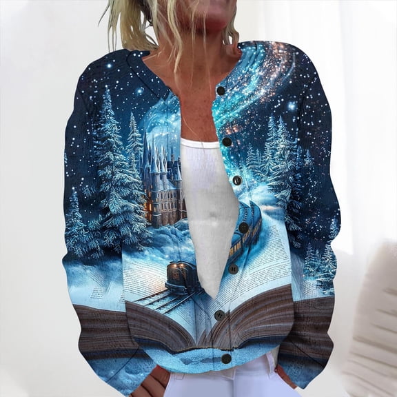 Zedker Christmas Cardigan for Women Funny Xmas Long Sleeve Casual Knitted Lightweight Sweaters,Plus Size Blue L