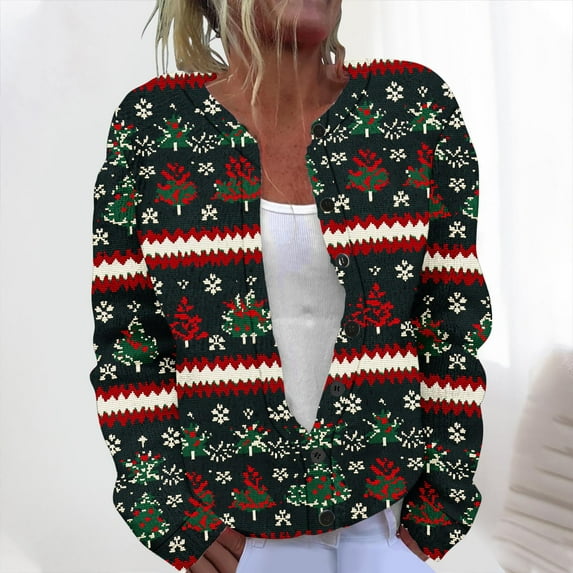 Zedker Christmas Cardigan for Women Funny Xmas Long Sleeve Casual Knitted Lightweight Sweaters,Plus Size Green M