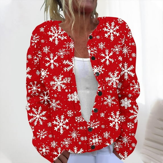 Zedker Christmas Cardigan for Women Funny Xmas Long Sleeve Casual Knitted Lightweight Sweaters,Plus Size Red M