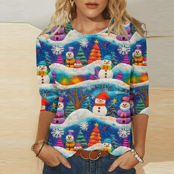 Zedker Christmas Shirts for Women Christmas Tree Printed 3/4 Length Sleeve Round Neck Tops Multicolor Plus M