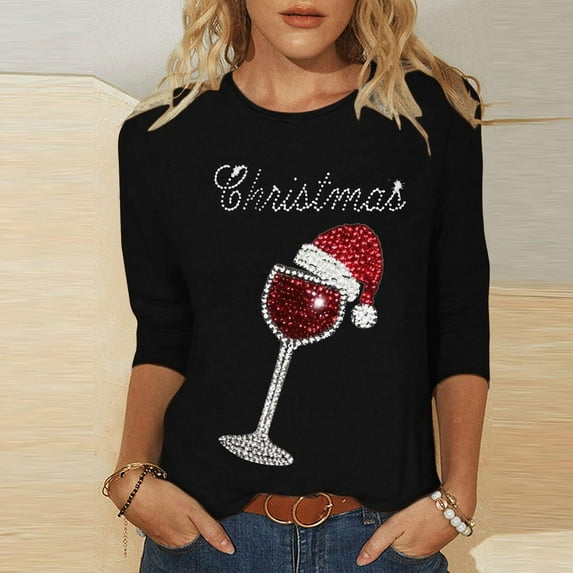 Zedker Christmas Shirts for Women Christmas Tree Printed 3/4 Length Sleeve Round Neck Tops Multicolor Plus XXXXXL