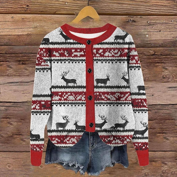Zedker Christmas Sweaters for Women Button Down Cardigan Knit Sweater Funny Xmas Outwear,Plus Size Red L