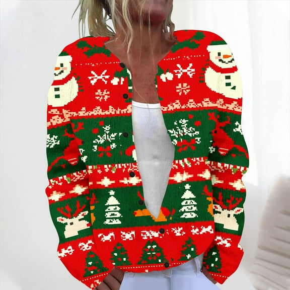 Zedker Christmas Sweaters for Women Reindeer Print Button Down Cardigans Casual Classic Fall Winter Outerwear,Plus Size Green XXXXL