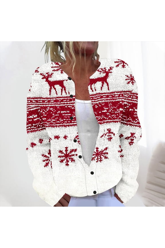 Christmas Sweaters for Women Reindeer Print Button Down Cardigans Casual Classic Fall Winter Outerwear,Plus Size White S