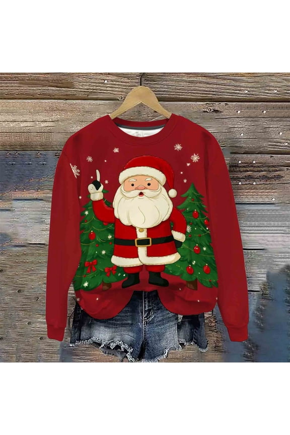 Christmas Women Sweater Classic Santa Print Holiday Knitted Sweater Pullover,Plus Size Red XL