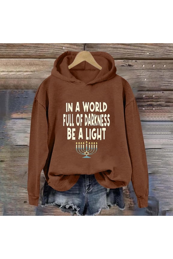 Classic Hanukkah Prints Casual Hooded Long Sleeve Pullover Hoodies for Women, Loose Fall and Winter Thermal Sweatshirts,Coffee,XXL