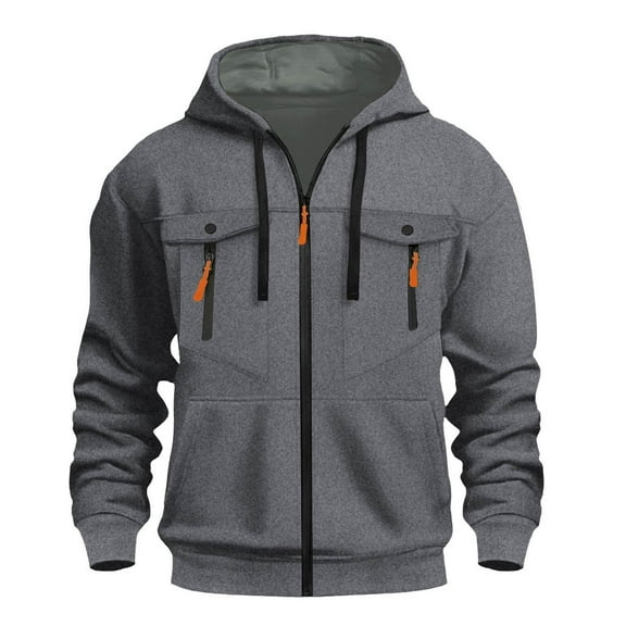 Zedker Classic Hood Cord Mens Jackets with Chest Pockets Casual Hooded Long Sleeve Zipper Thermal Outerwear for Fall and Winter,Dark Gray,L