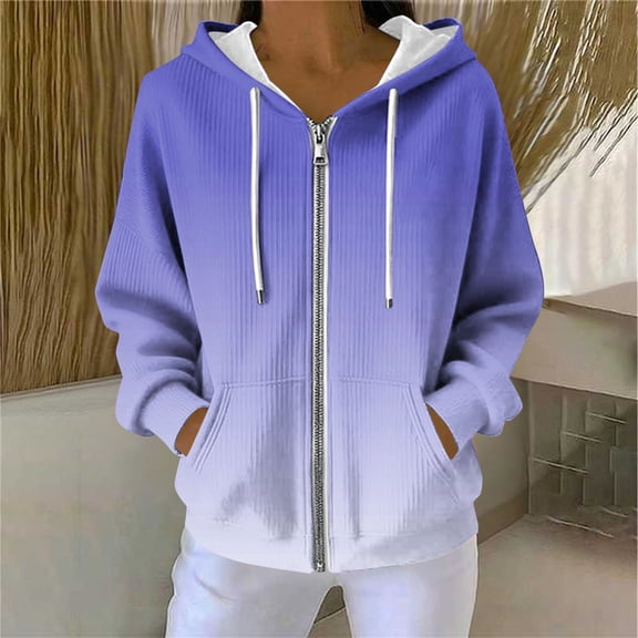 Zedker Classic Ribbed Casual Drawstring Zipper Hooded Jackets Women's Gradient Color Long Sleeve Kniited Tops Fall Winter Shackets with Pockets,Watermelon Red,XL
