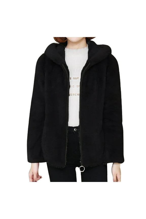 Zedker Coats for Women Winter Thick Fleece Hooded Imitation Lamb 2025 Warm Jacket, Plus Size Black XXL