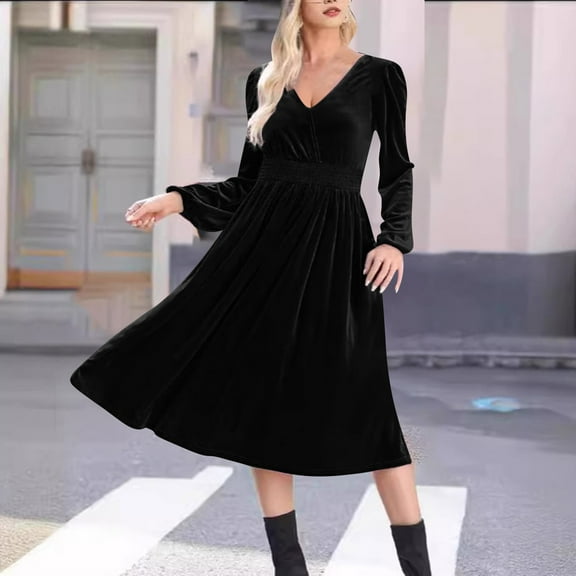 Zedker Cocktail Party Dresses for Women Casual Long Sleeve Winter Wedding Guest Dresses Plus Size Black M