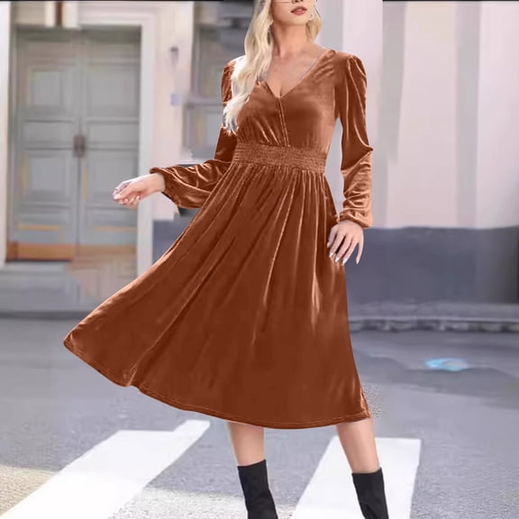 Zedker Cocktail Party Dresses for Women Casual Long Sleeve Winter Wedding Guest Dresses Plus Size Brown S